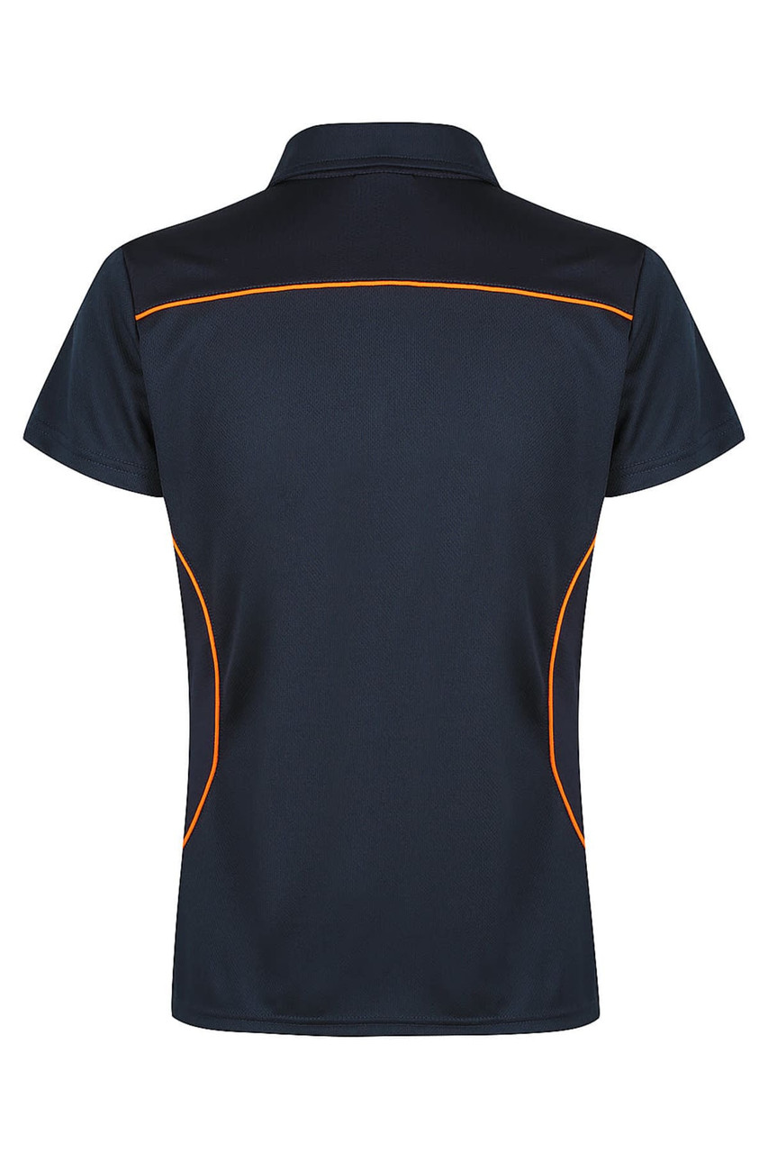A navy polo shirt with orange accents, featuring a collar and short sleeves. The back is smooth and plain.