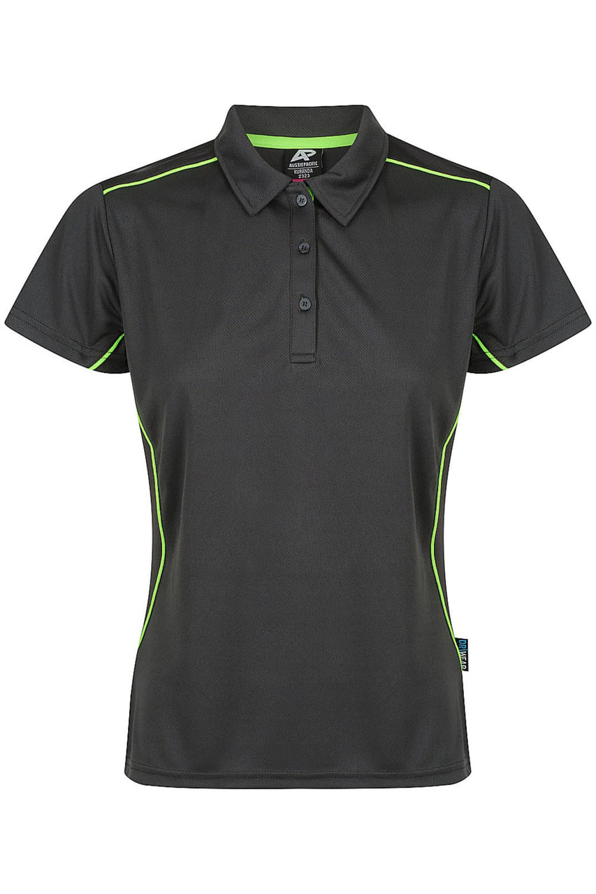 A black polo shirt with green accents, featuring a collar, buttons, and a logo on the label.