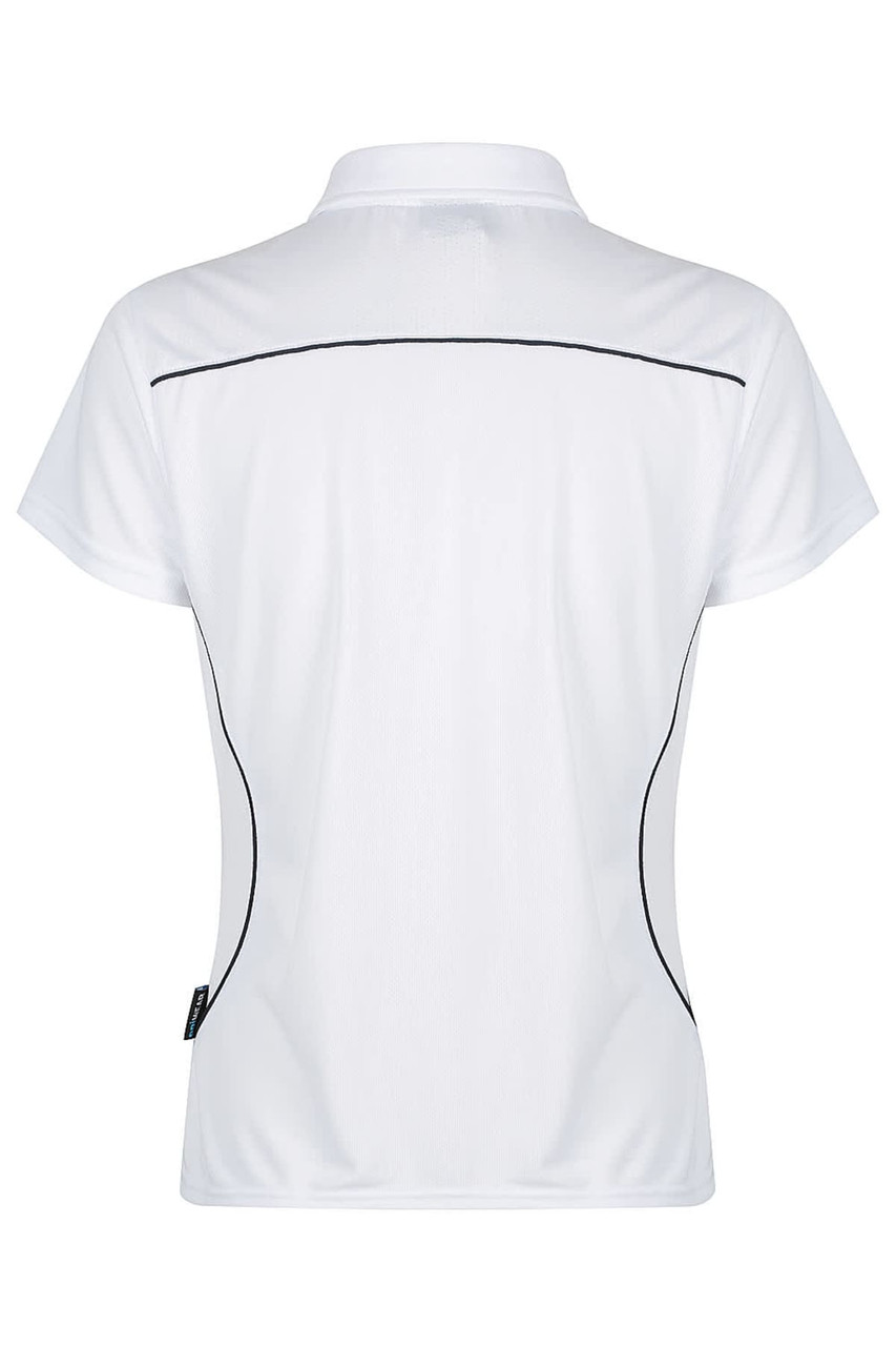 A white polo shirt featuring a fitted design with black piping and a logo at the hem.