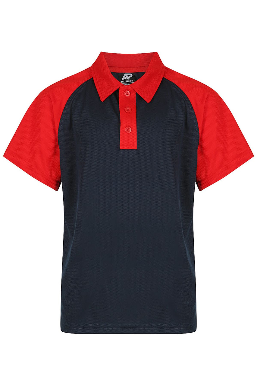 A short-sleeved polo shirt featuring a navy body with red sleeves and a collar, including a logo.