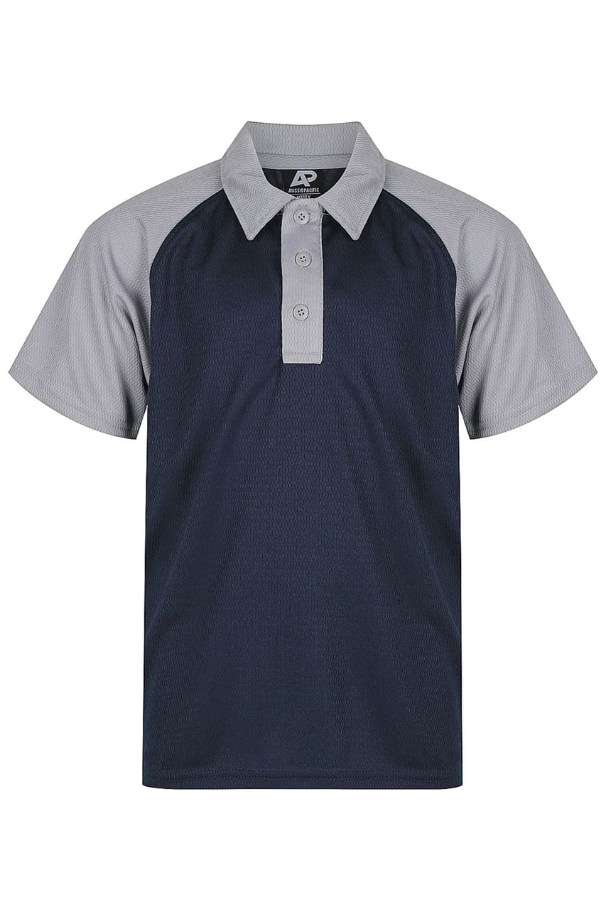 A navy and grey polo shirt featuring a collared neckline and short sleeves, with a logo on the label.