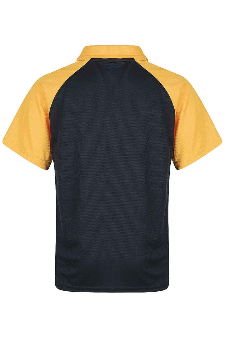 A black and yellow polo shirt featuring a classic collar and short sleeves, with a brand logo present.