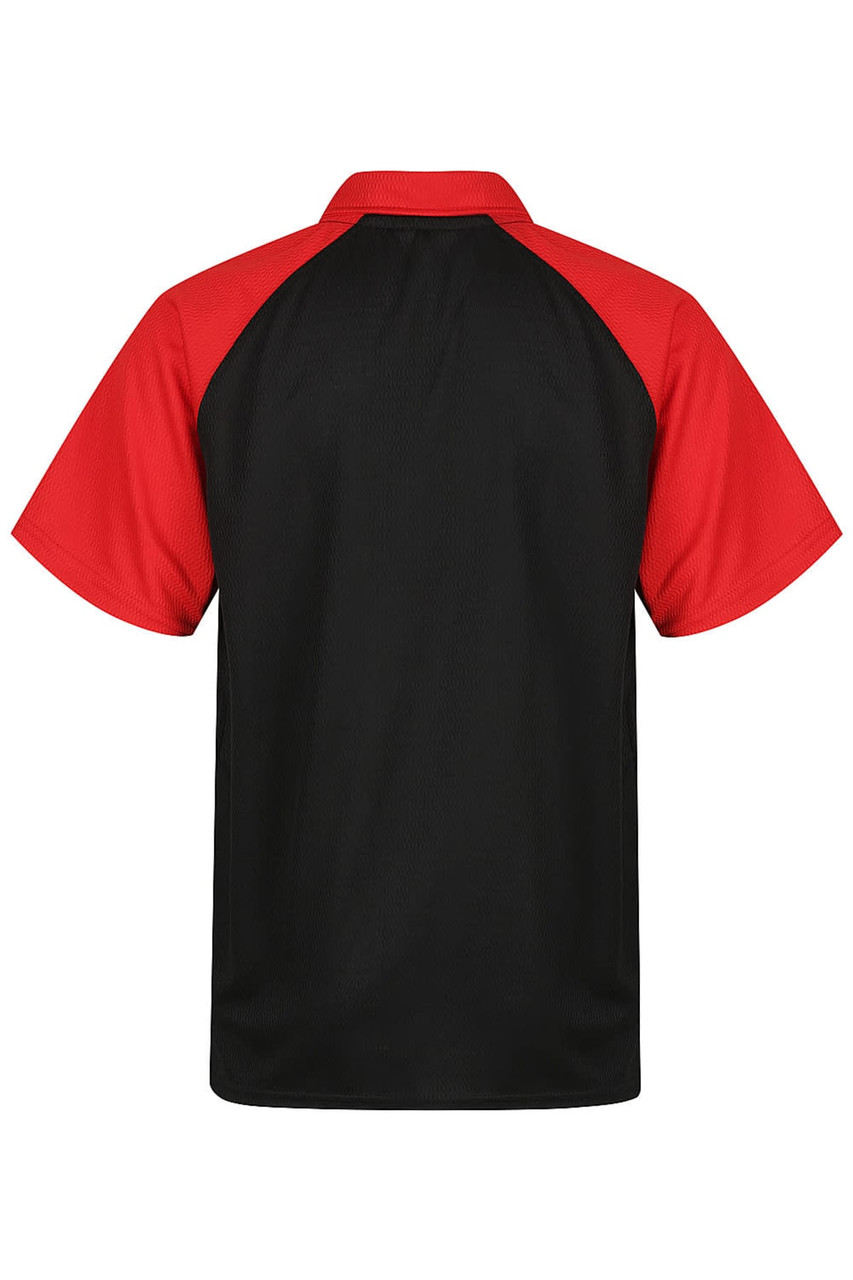 A polo shirt featuring a black body with red sleeves and a collar, designed for children.
