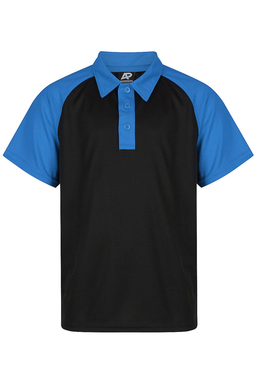 A black and blue polo shirt featuring a collar and short sleeves, with a logo on the label.