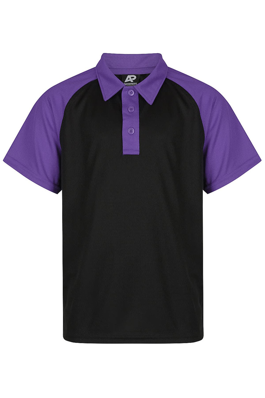 A black polo shirt with purple raglan sleeves, featuring a collar and a logo on the chest.
