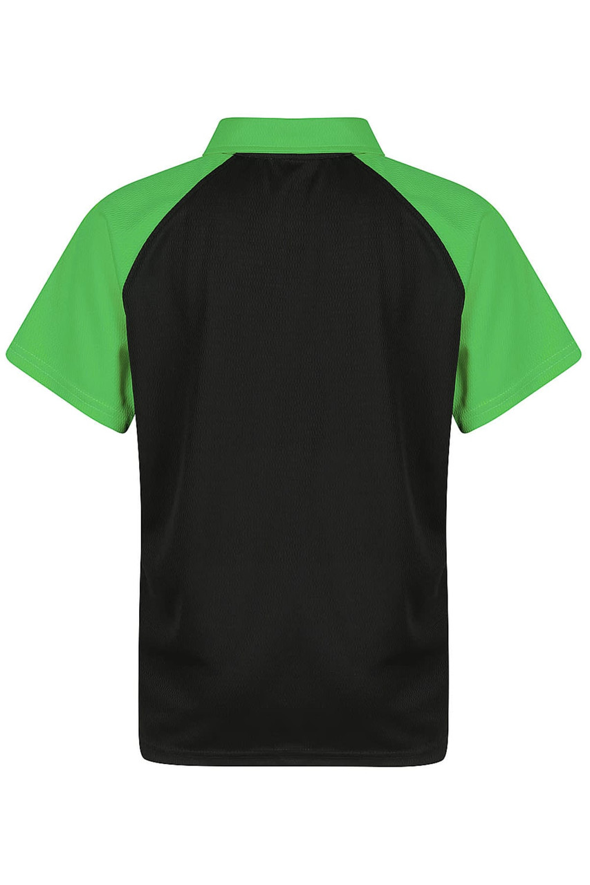 A black polo shirt with green sleeves and a logo on the back.
