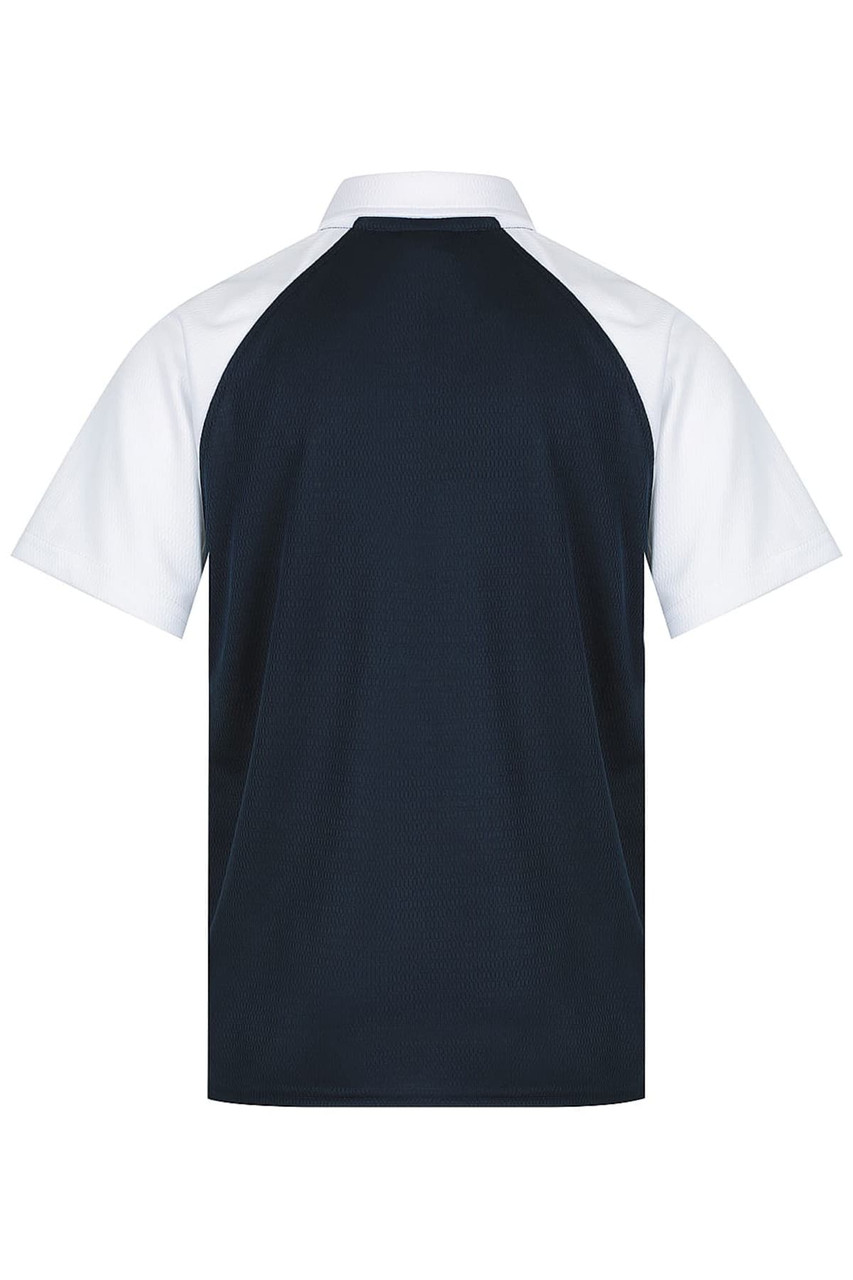 A navy and white polo shirt with a raglan sleeve design and a logo on the back.