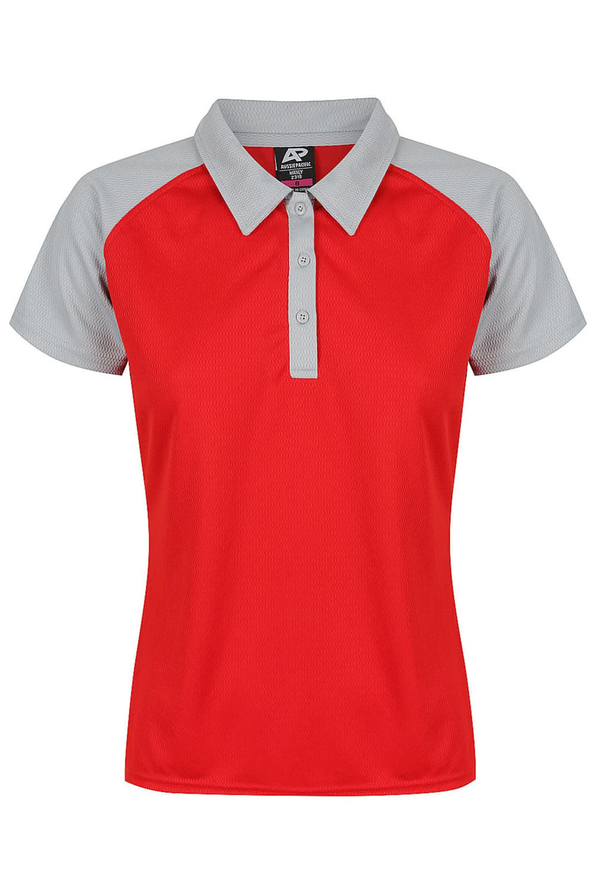 A red polo shirt with grey sleeves and a collar, featuring a logo on the upper left.
