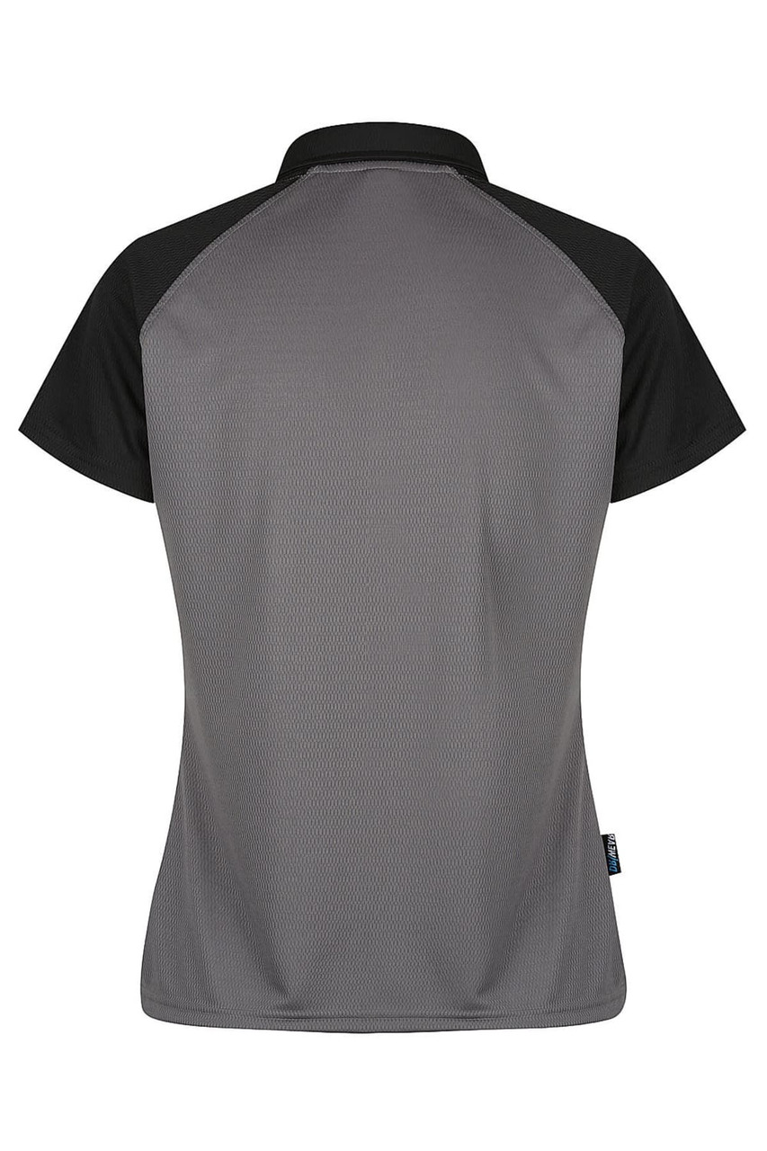 A grey and black polo shirt with a textured fabric and a collar, featuring a logo on the side.