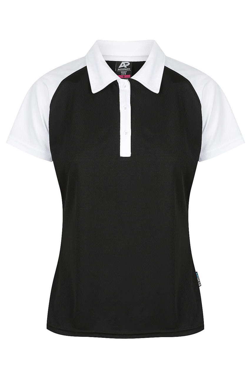 A black polo shirt with white sleeves and a collar, featuring a brand logo on the side.