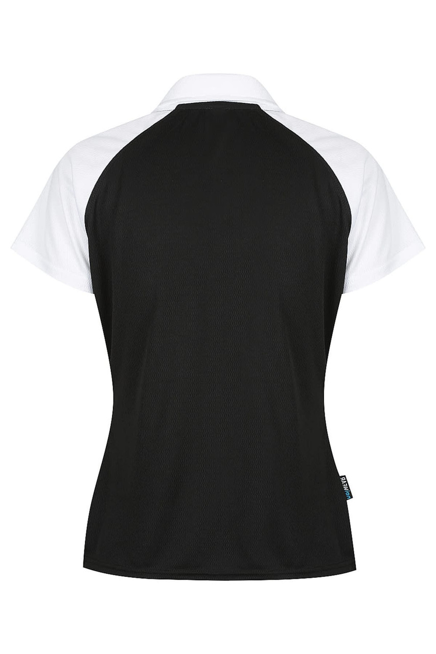 A black and white polo shirt with a sporty design and a logo on the back. The shirt features short sleeves and a collar.