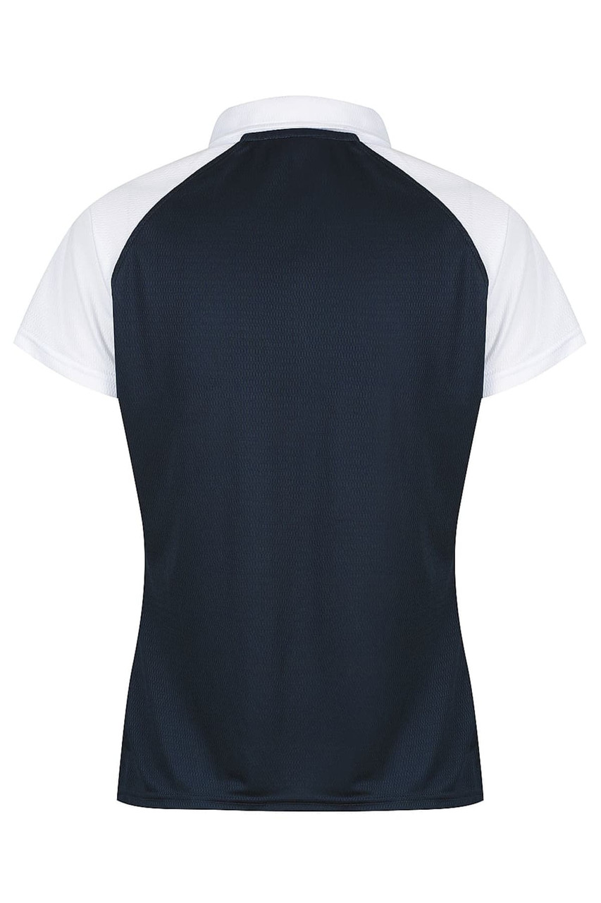 A polo shirt featuring a navy back with white sleeves and a collar, complete with branding.