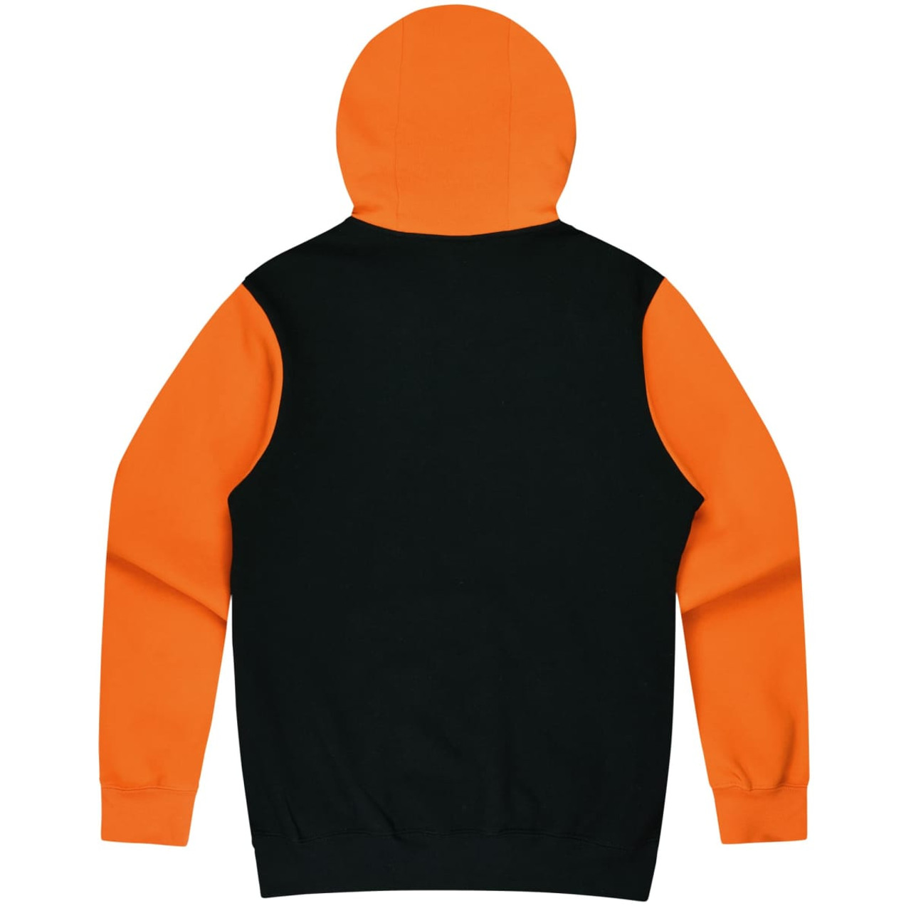 A black hoodie with an orange hood and sleeves, featuring a logo on the back.