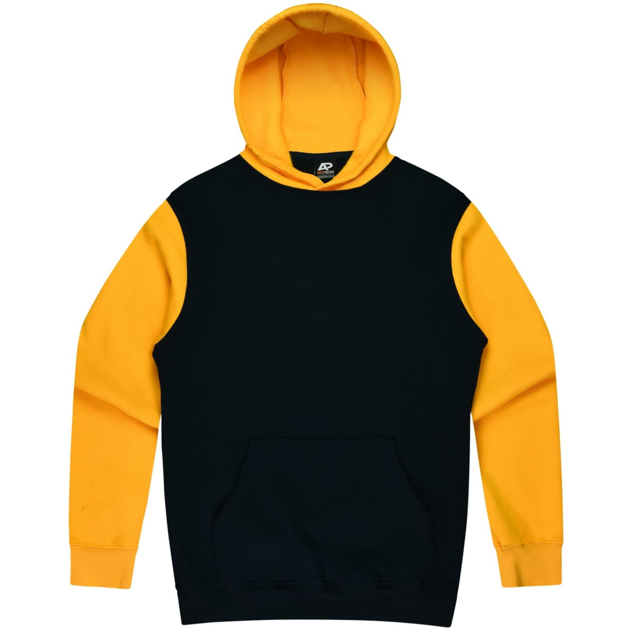 A hoodie featuring a black body and yellow sleeves, complete with a front pocket and a hood. It has a logo.