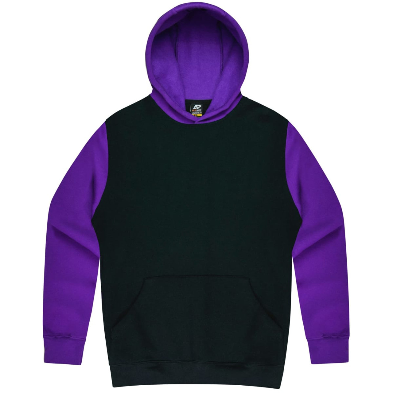A hooded jumper featuring a black body and purple sleeves. It includes a front pocket and a branding logo.