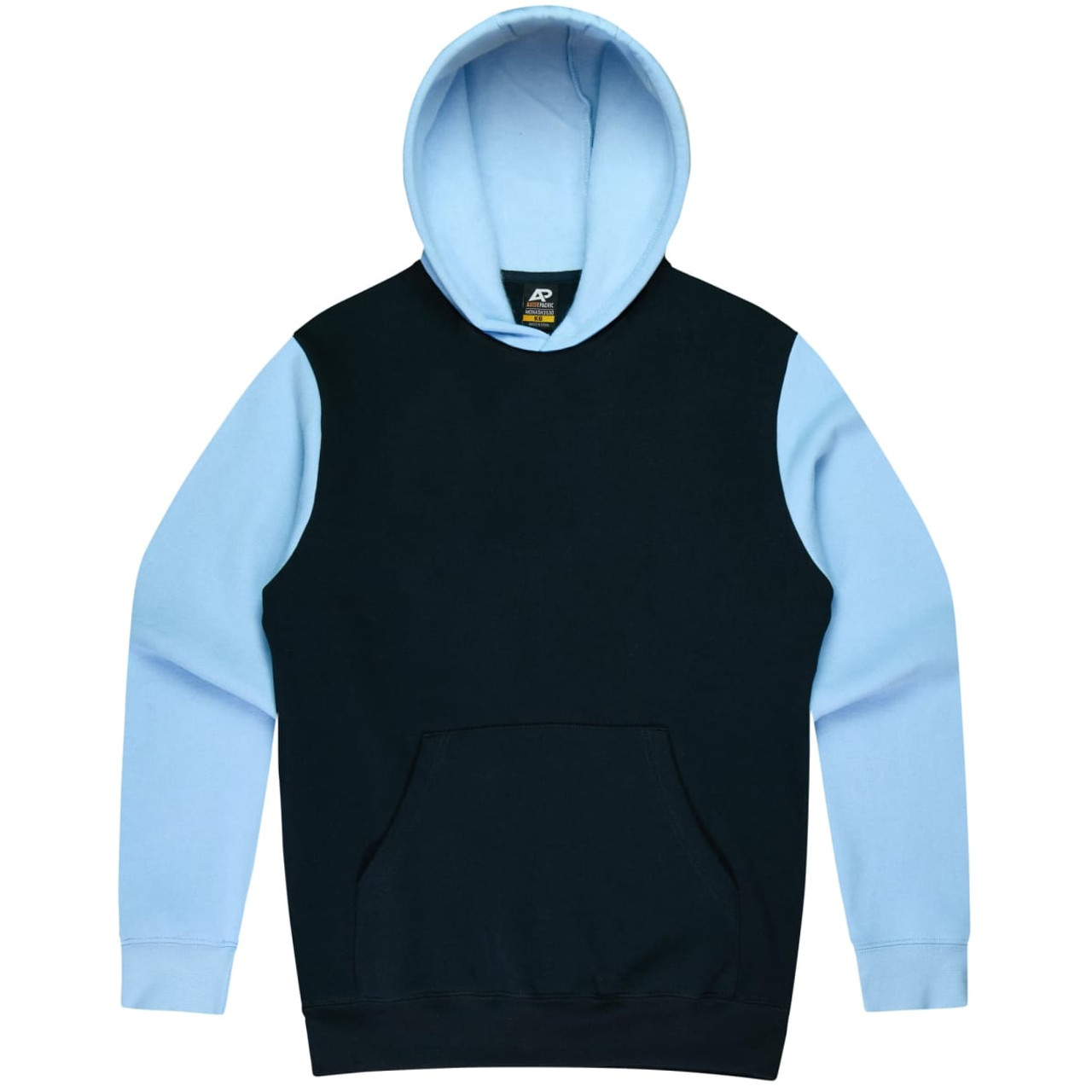 A hoodie featuring a black body and light blue sleeves, complete with a front pocket and a hood.