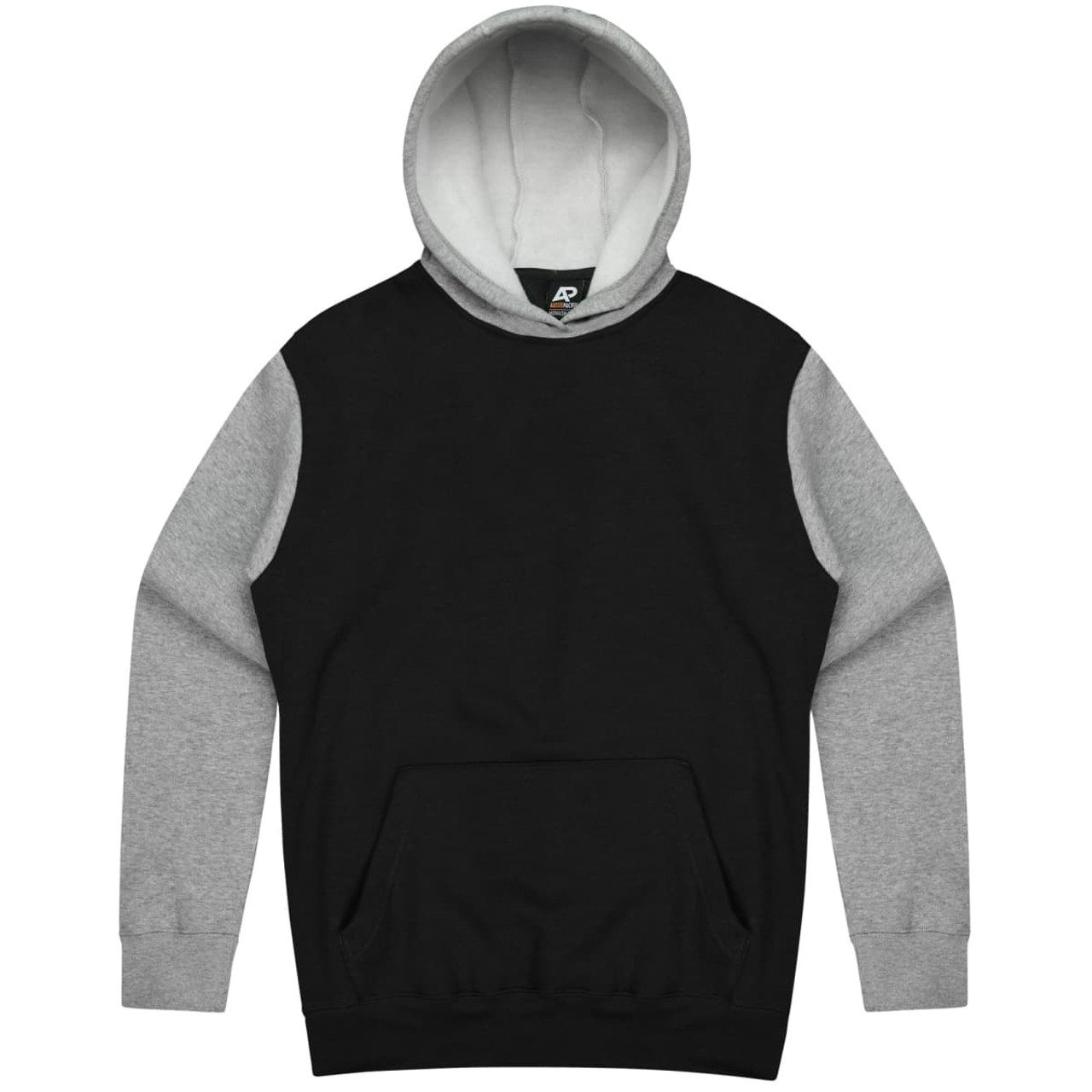 A hooded jumper in black with grey sleeves, featuring a front pocket and a logo on the inside of the hood.