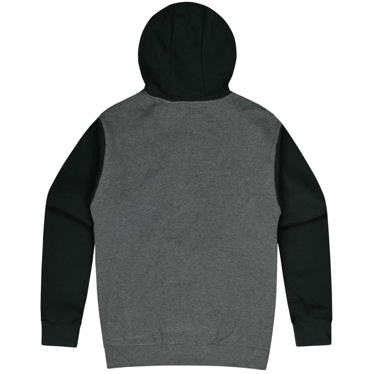 A grey hoodie with dark green sleeves and a hood, featuring a simple design and a logo on the back.
