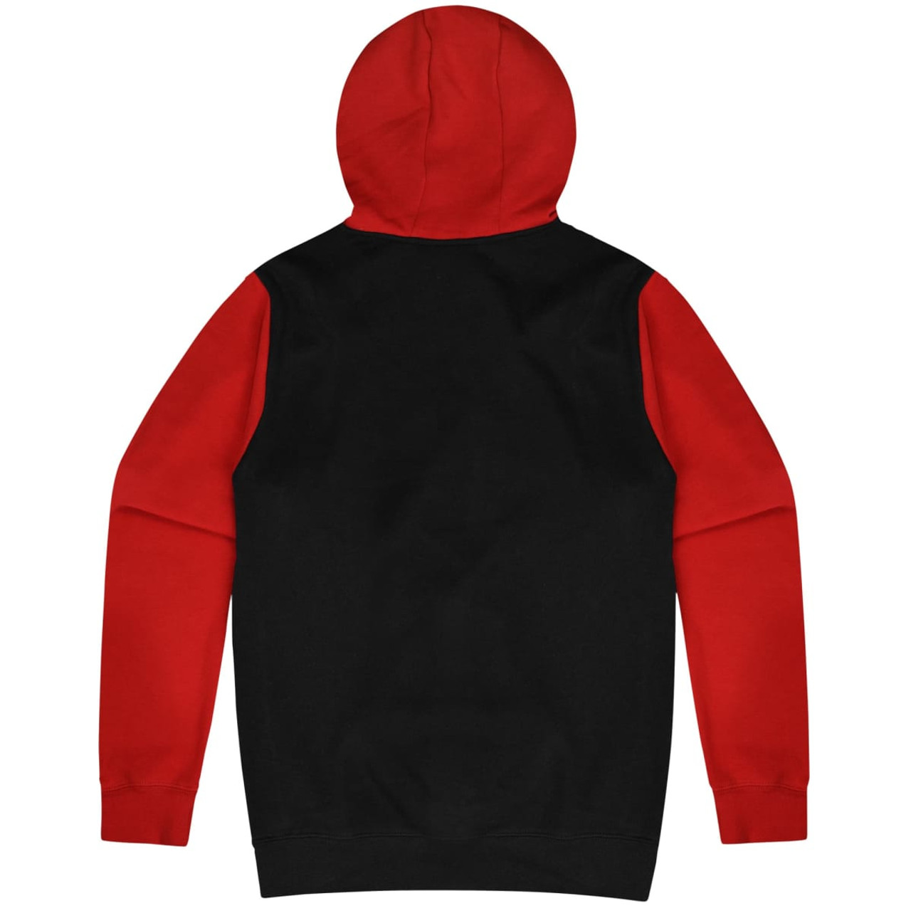 A black hoodie with red sleeves and a red hood, featuring a logo on the back.