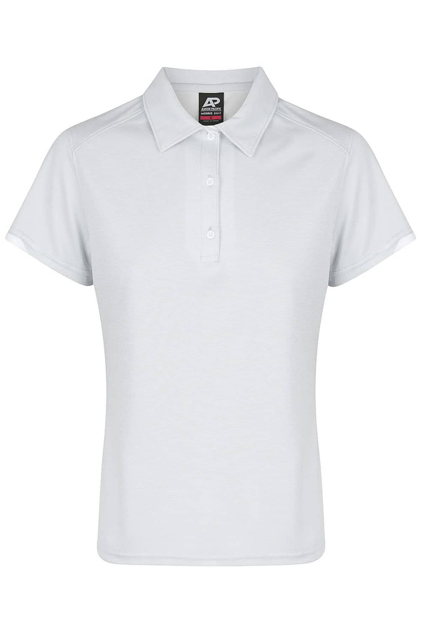 A light grey polo shirt with a classic collar and button placket, featuring a logo on the label.