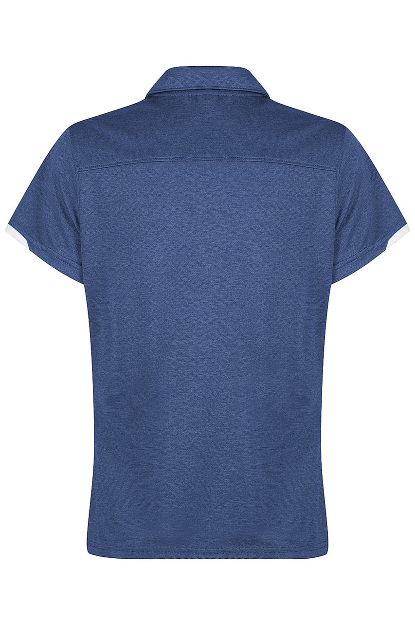 A blue polo shirt with a collar and short sleeves, featuring a simple design and a logo.