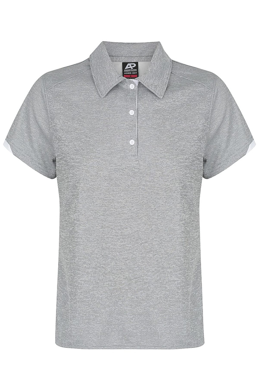 A grey polo shirt with short sleeves and a collar, featuring a branding logo.