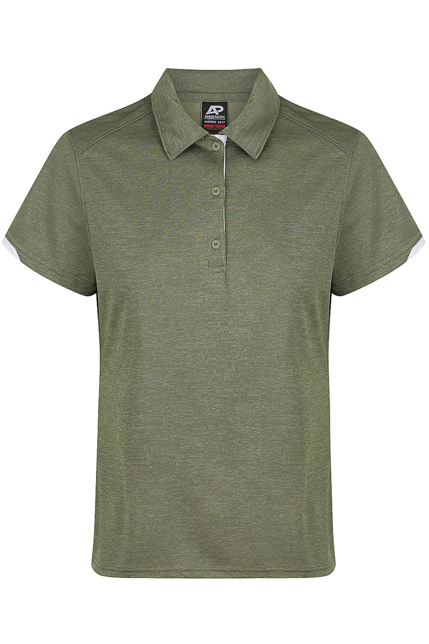 A green polo shirt with short sleeves and a collar, featuring a logo on the chest.