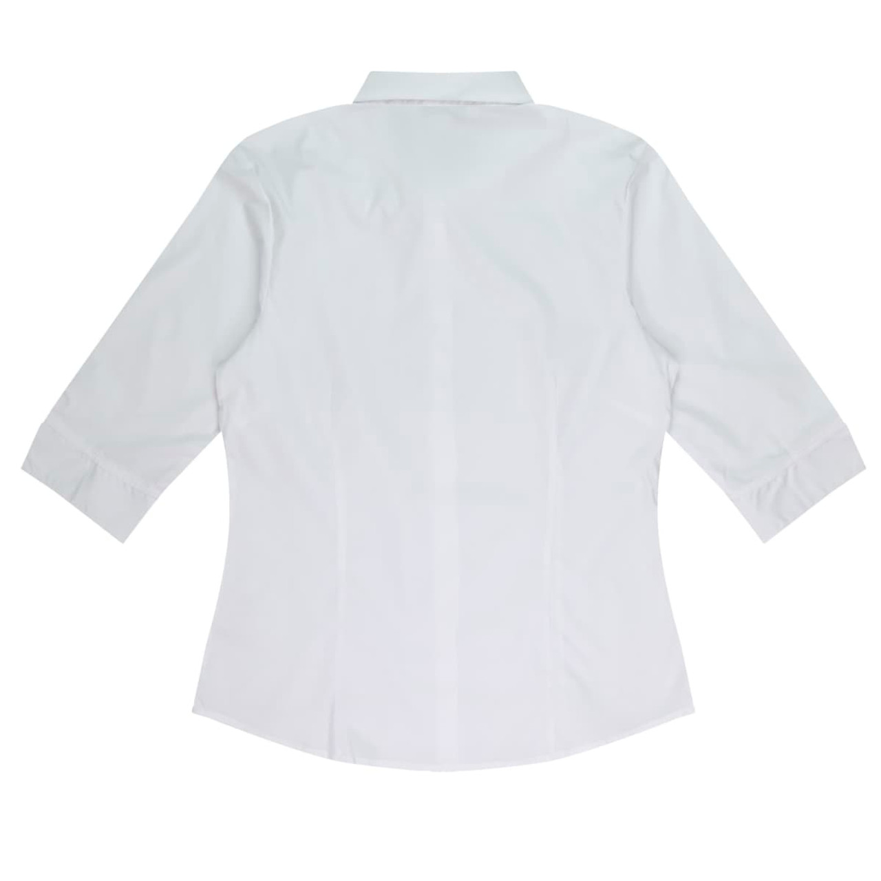 A white button-up shirt with 3/4 sleeves and a smooth finish, featuring a collar and no visible details on the back.