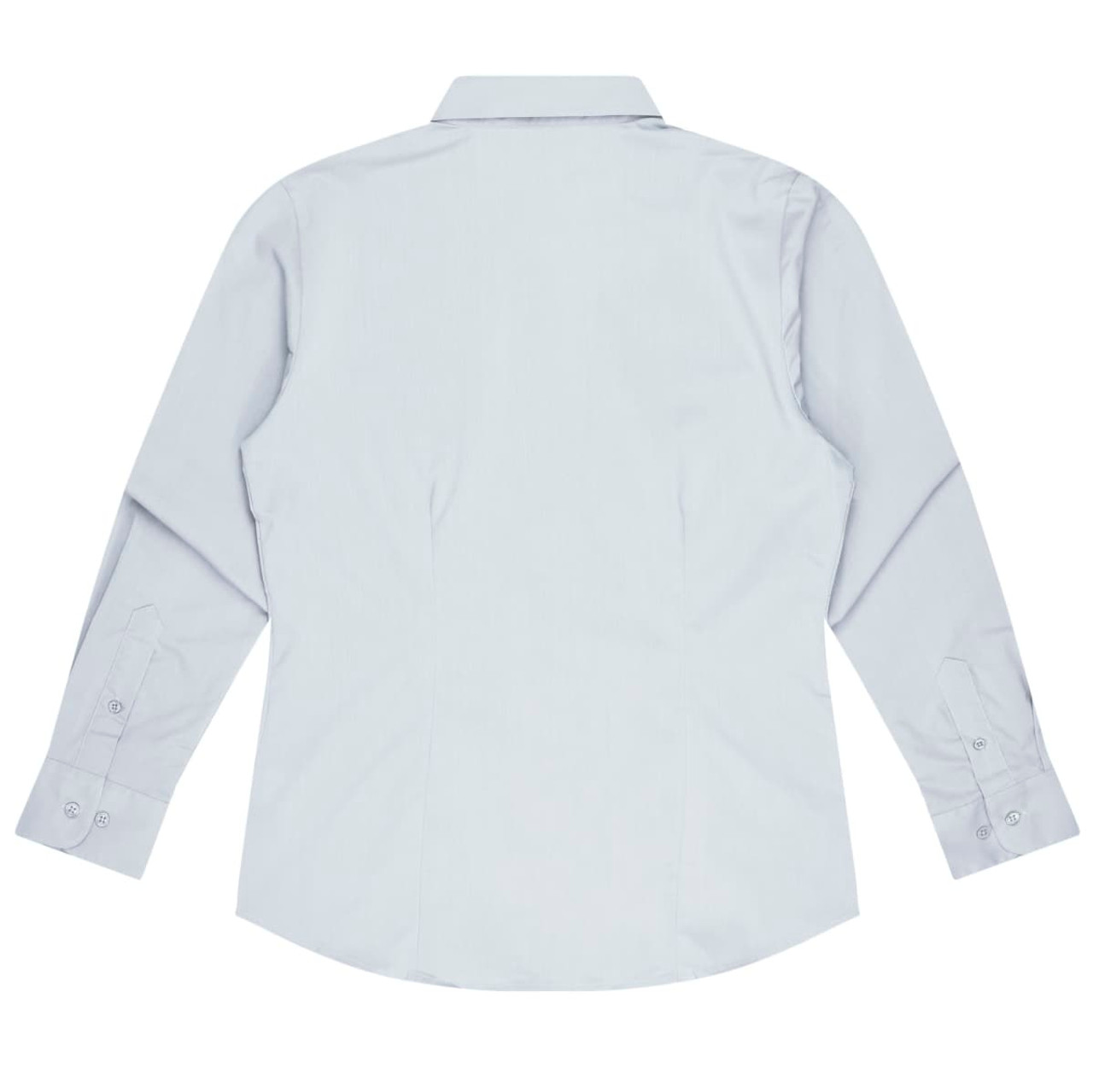 A long sleeve button-up shirt in light grey, featuring a classic collar and buttoned cuffs. The shirt has a branding logo.