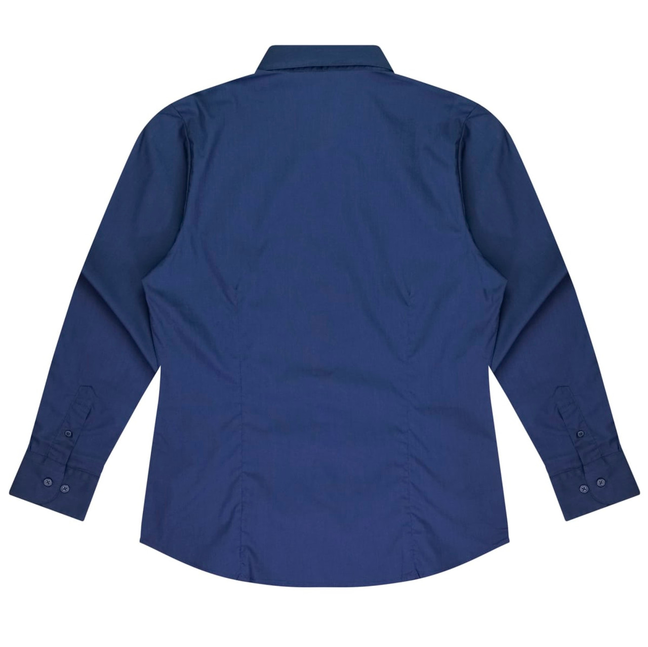 A long-sleeve button-up shirt in navy blue, featuring a plain back with a button placket and cuffs.
