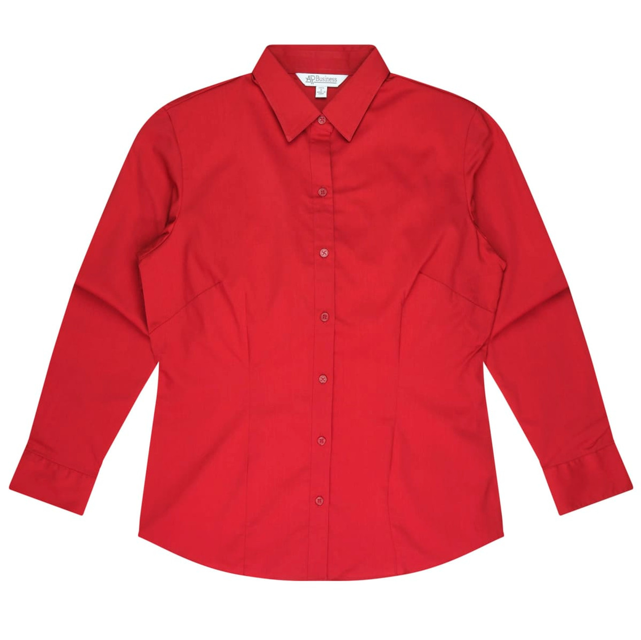 A red long-sleeve button-up shirt with a collar and an embroidered logo.