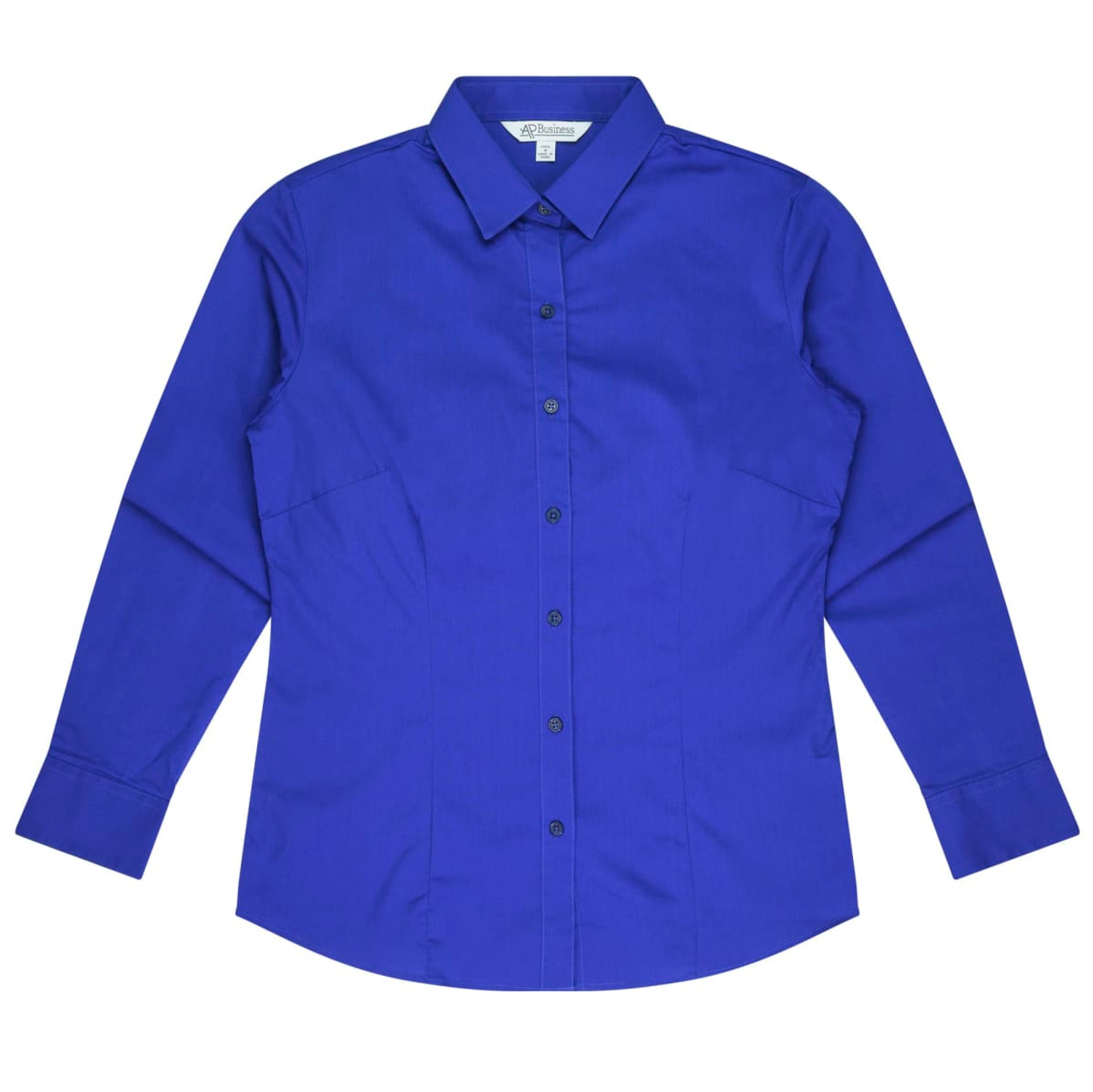 A long-sleeve button-up shirt in vibrant blue, featuring a collared neckline and a logo.