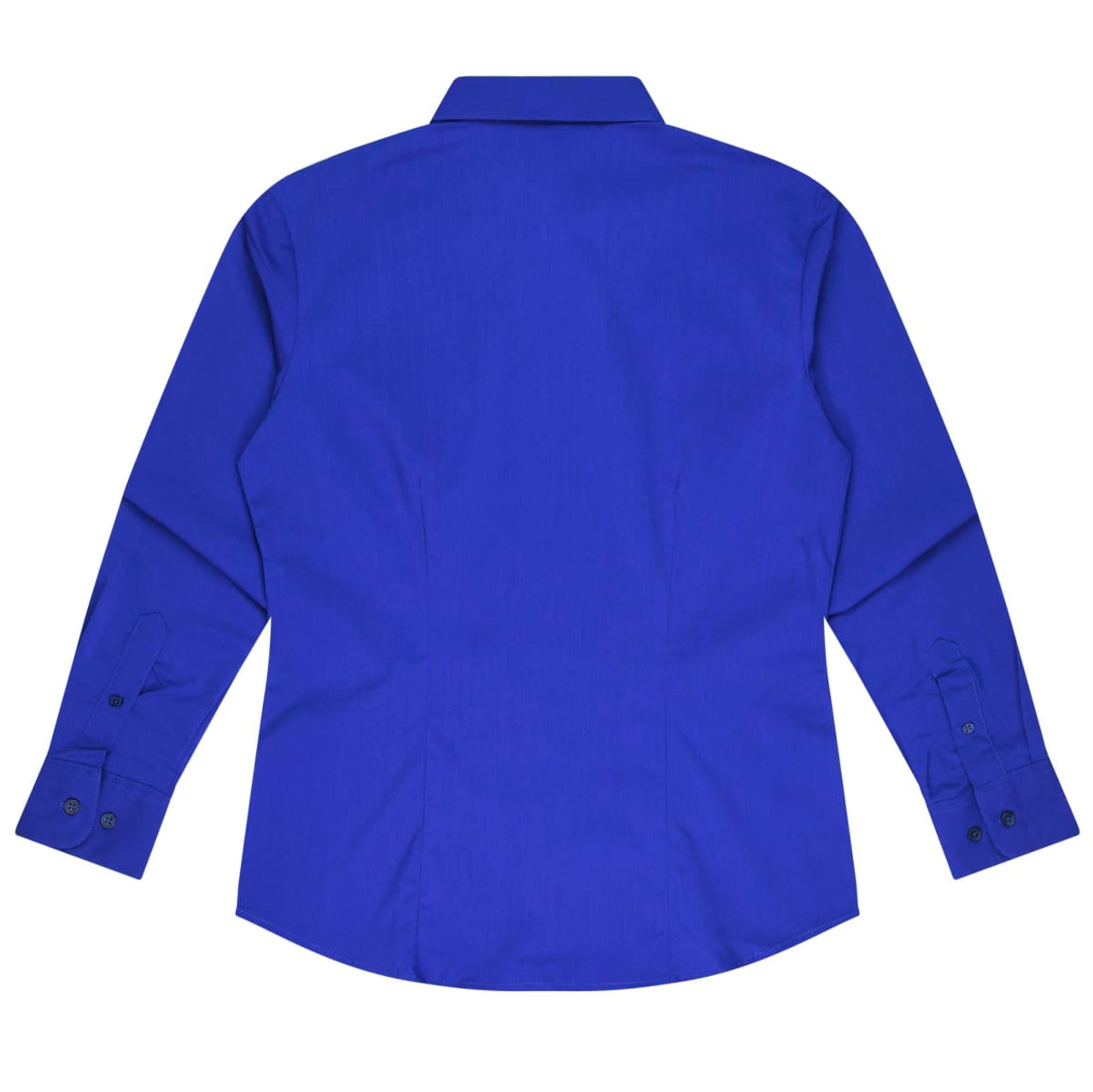 A long sleeve button-up shirt in bright blue, featuring a smooth fabric and a branded logo.