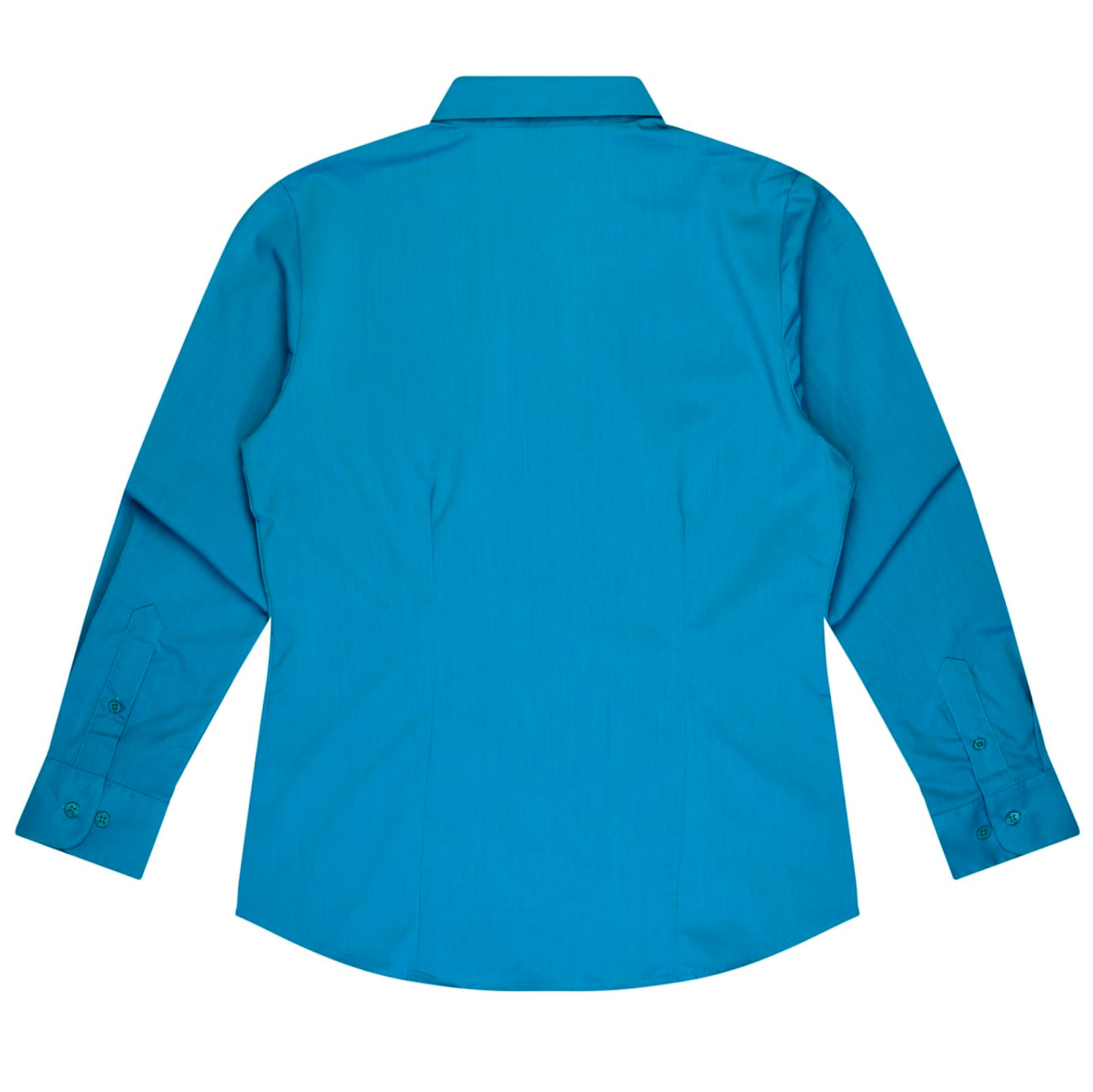 A long sleeve button-up shirt in a vibrant teal colour, featuring a back view with a collar and button details.