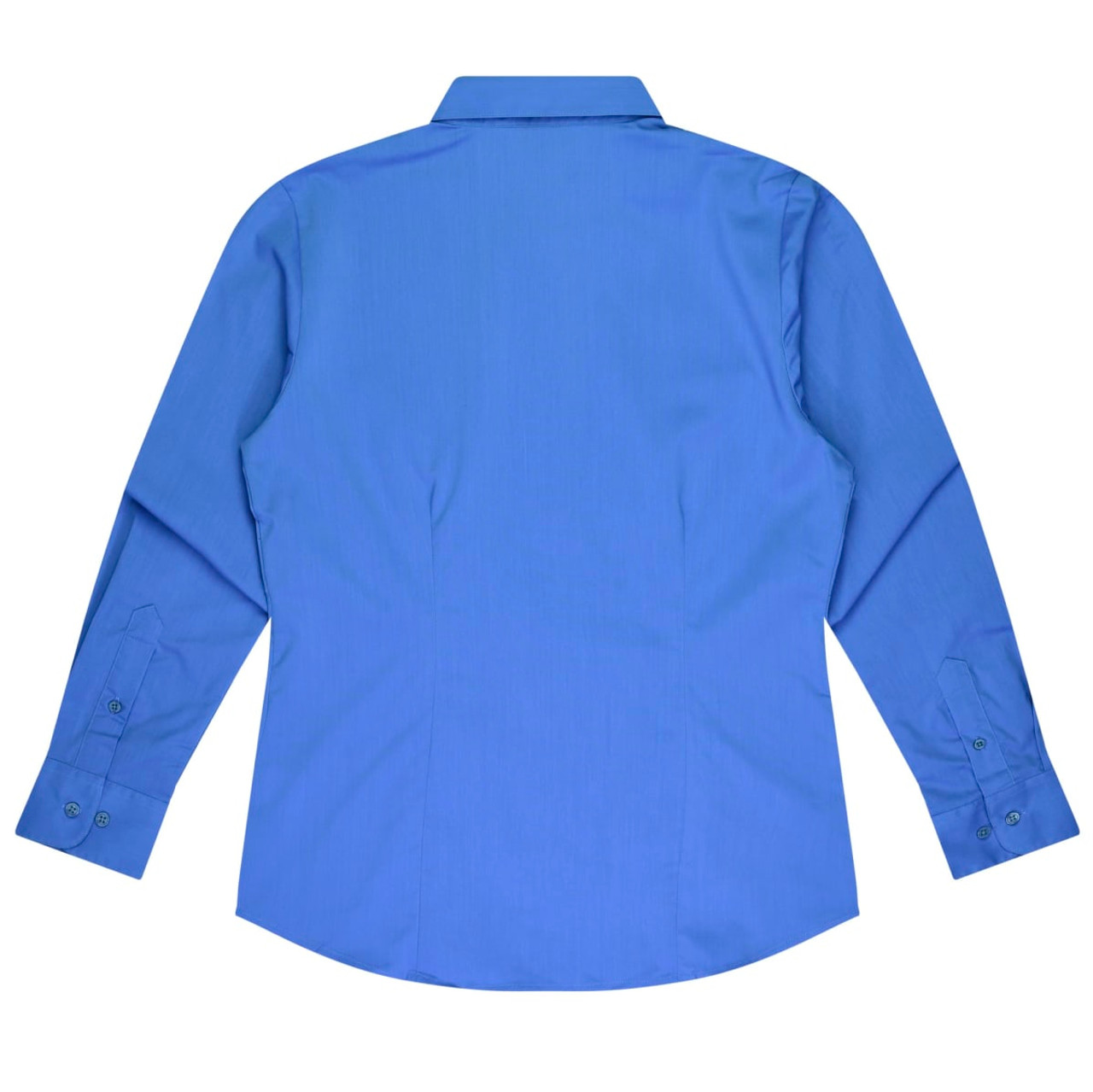 A long-sleeve button-up shirt in blue, featuring a standard collar and button cuffs. The shirt has one logo.