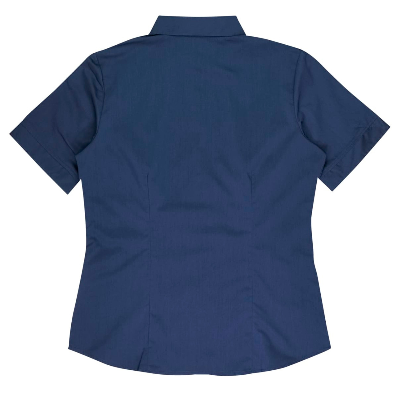 A short-sleeve button-up shirt in navy blue, featuring a fitted design and a collar. It has a logo on the back.