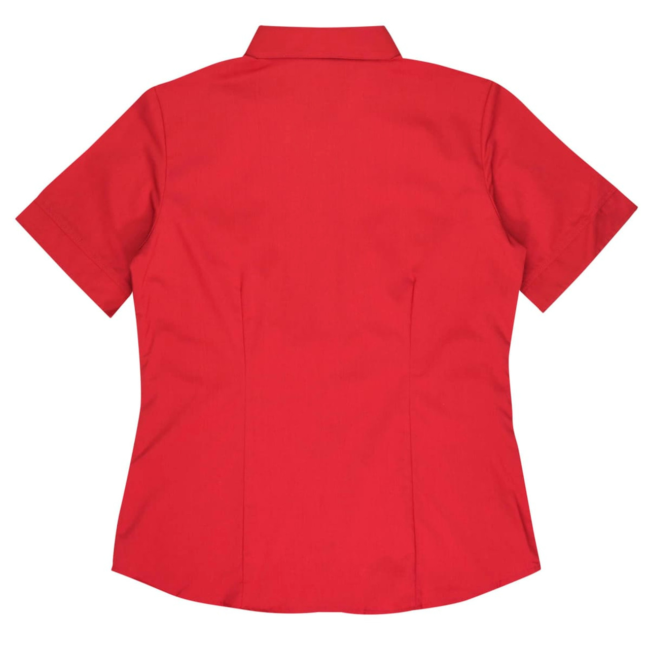 A red short sleeve button-up shirt featuring a classic collar and a tailored fit, with a subtle branding logo.