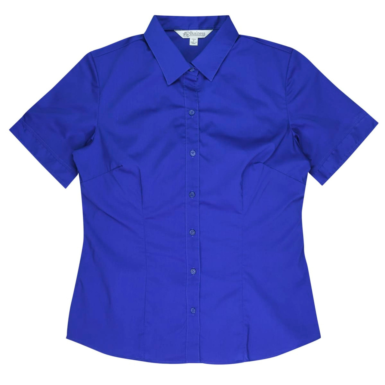 A blue short sleeve button-up shirt with a collar and a logo on the label.