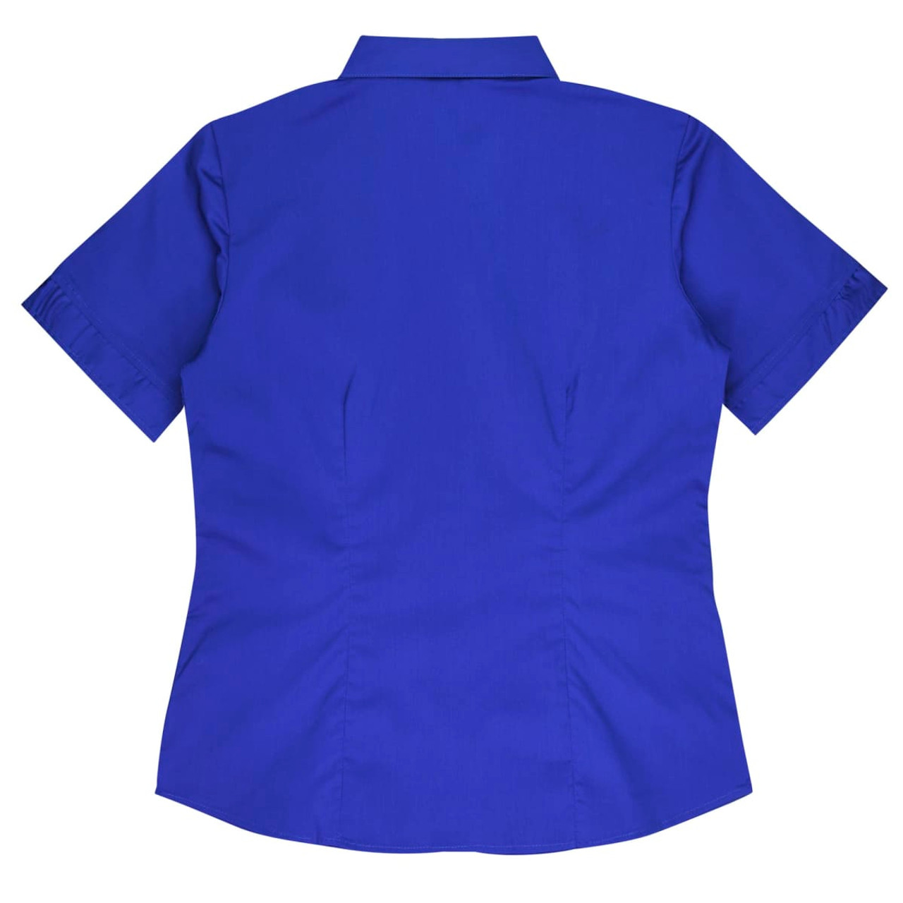 A short-sleeve button-up shirt in vibrant blue with a fitted design and a collar. Features a logo on the back.