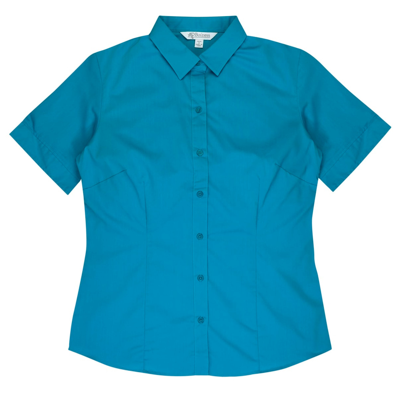 A short sleeve button-up shirt in a teal colour, featuring a fitted design and a collar. It has a logo.