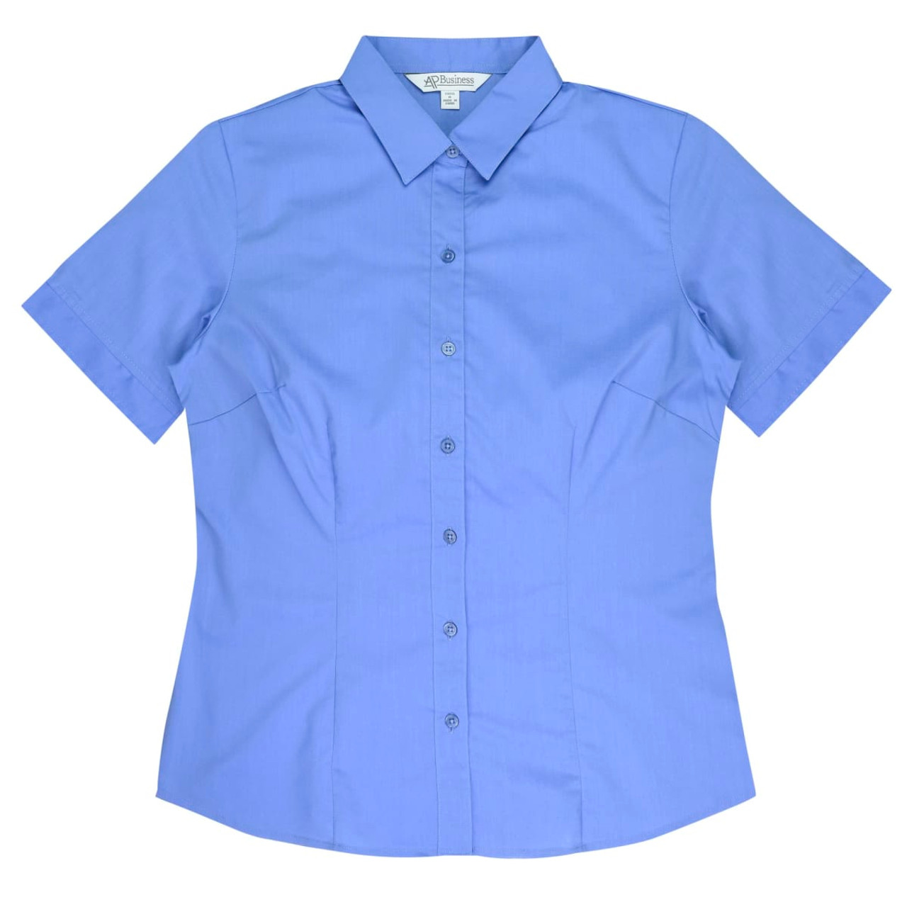 A short-sleeve button-up shirt in light blue with a fitted design and a collar. It features a logo.