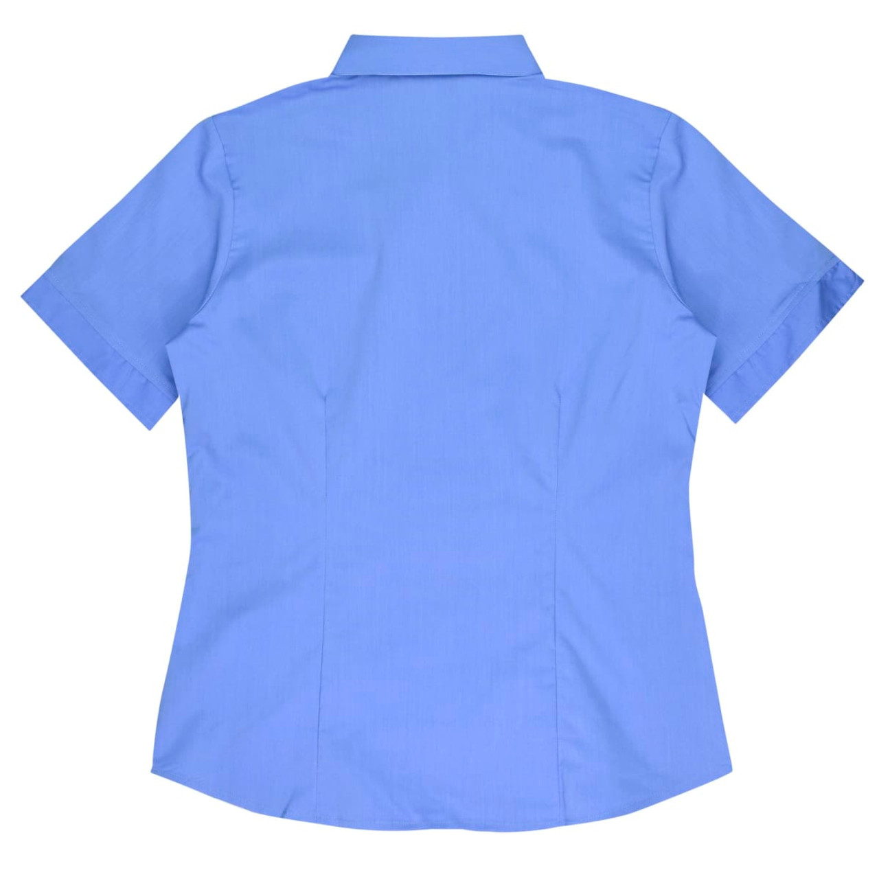 A short-sleeve button-up shirt in light blue with a fitted design and a collar, featuring a logo on the back.