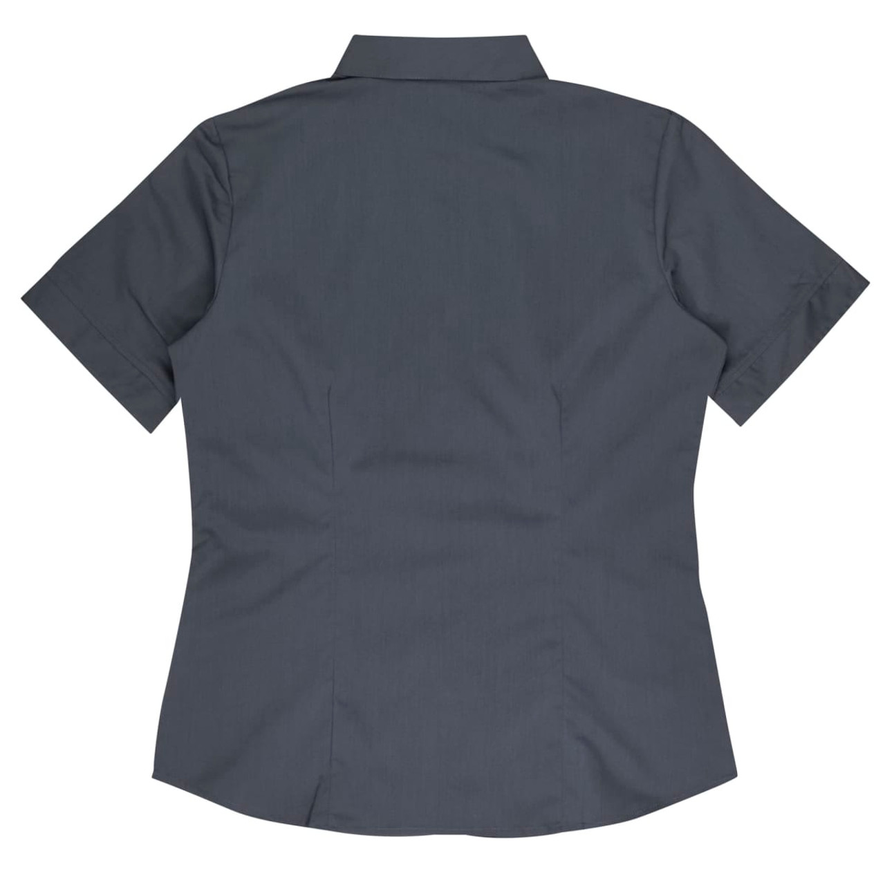A short-sleeve button-up shirt in grey, featuring a classic collar and a fitted design at the back.