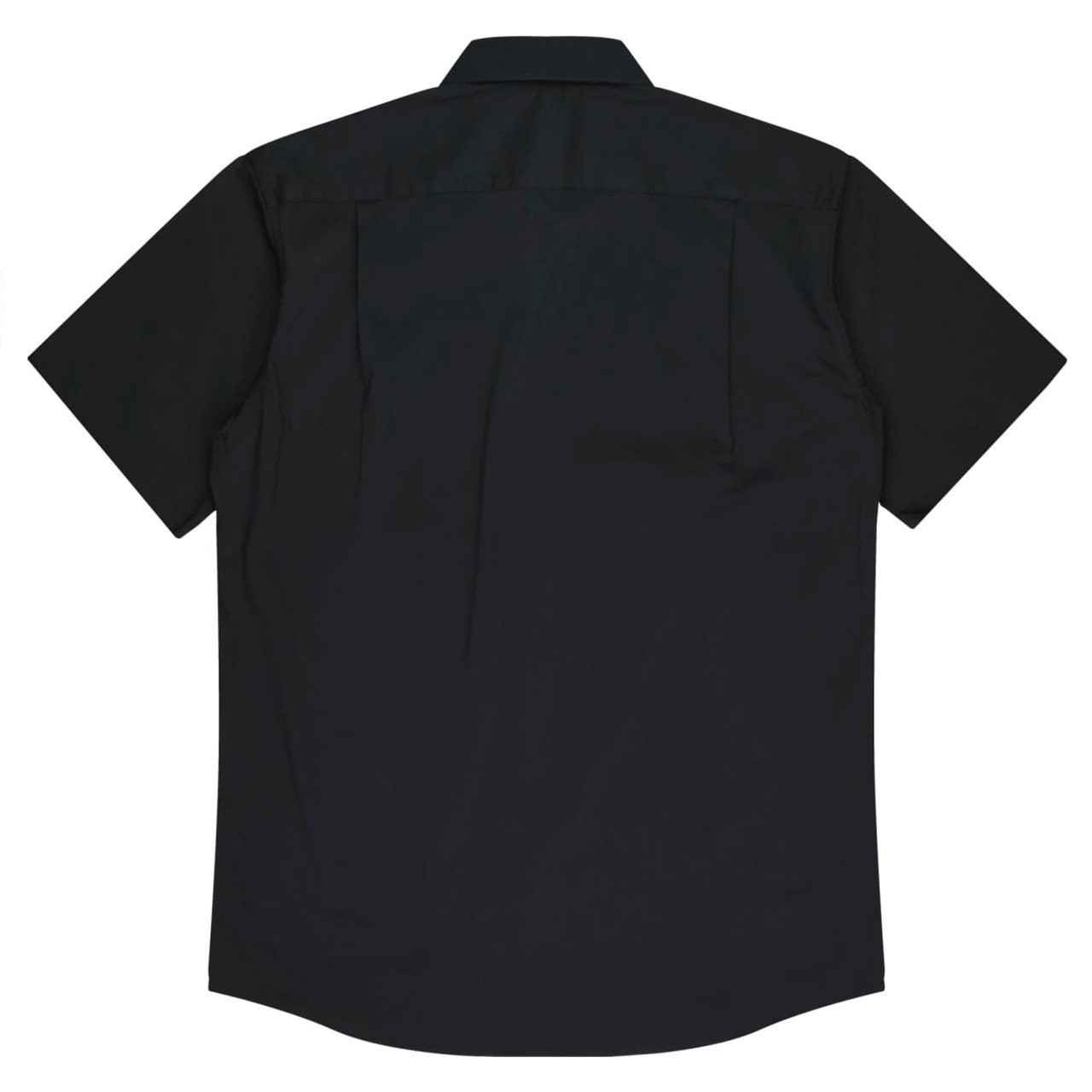 A short sleeve button-up shirt in solid black with a simple back design and a logo.