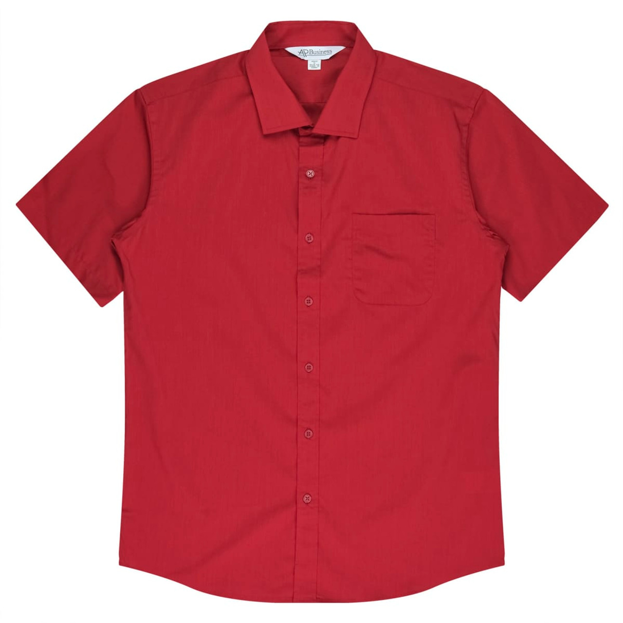 A short-sleeve button-up shirt in deep red with a single chest pocket and a logo.