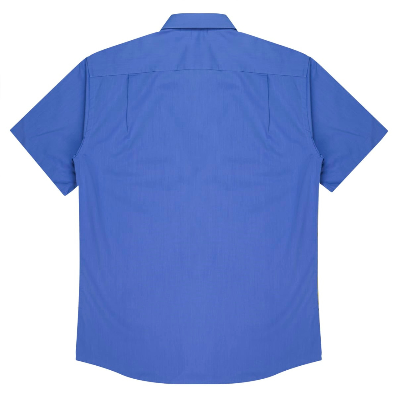 A short-sleeve button-up shirt in royal blue with a clean, minimalist design and a back yoke. Features a logo.