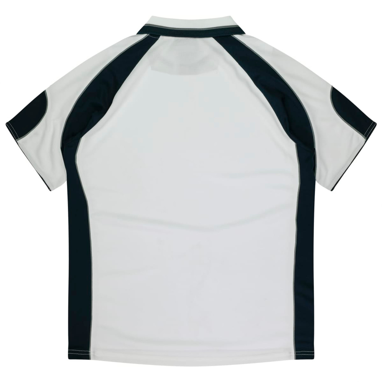 A white polo shirt featuring black accents and a branded logo on the back.
