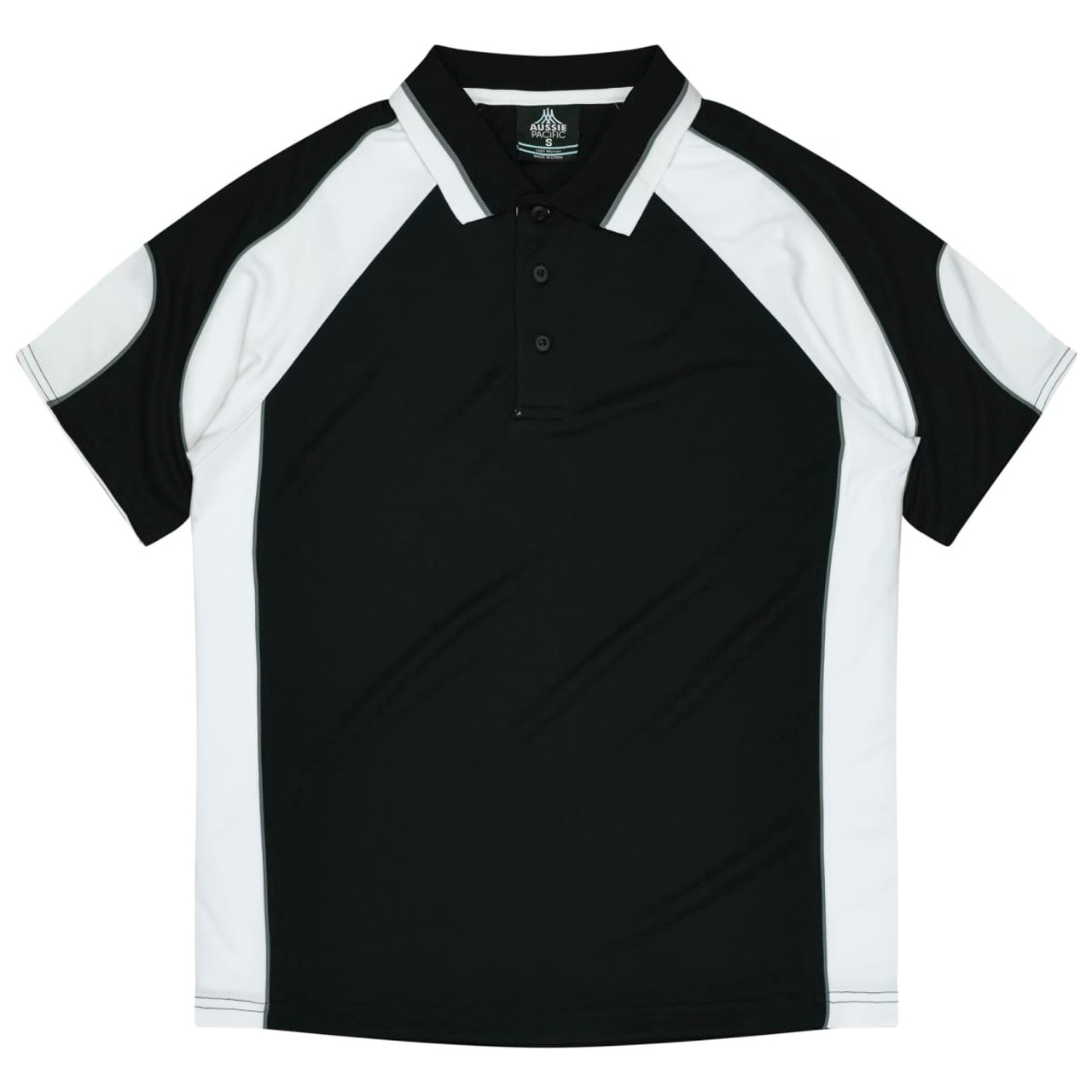 A black and white polo shirt featuring a logo, designed for kids.