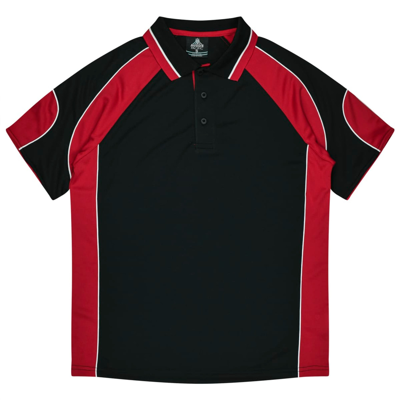 A black and red polo shirt featuring white piping and a collar, with a logo on the chest area.