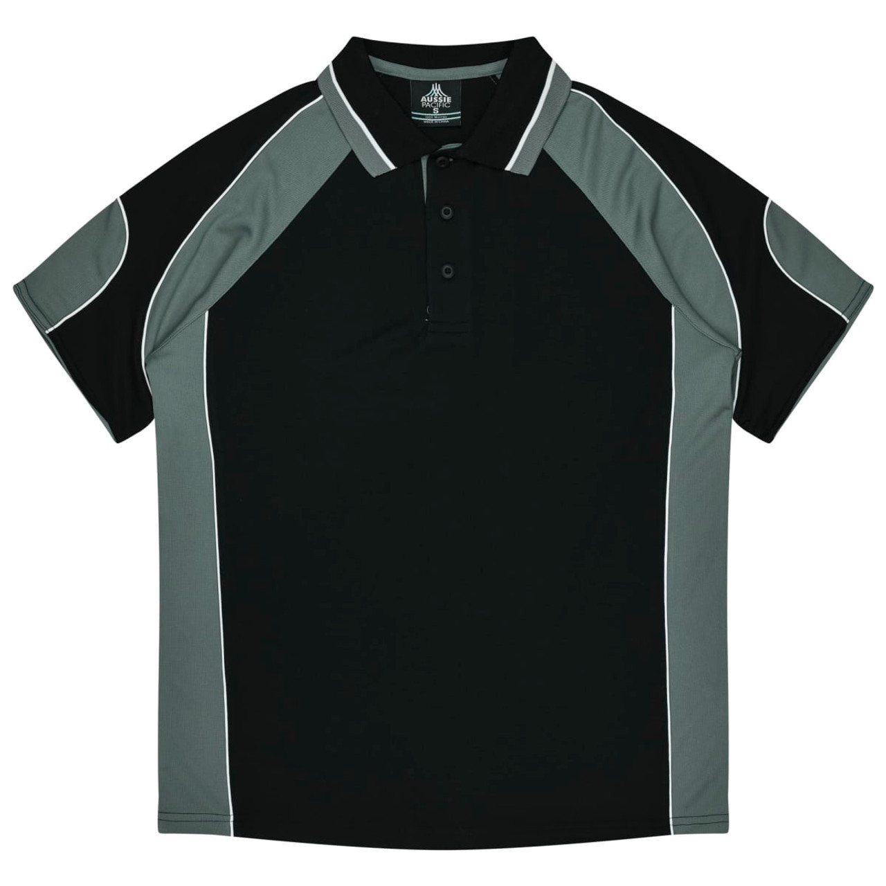 A black and grey polo shirt featuring a collar and contrasting stripes, with a logo present on the design.